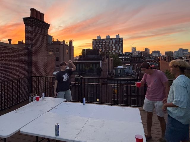Brothers watching a sunset over Back Bay from the roofdeck
