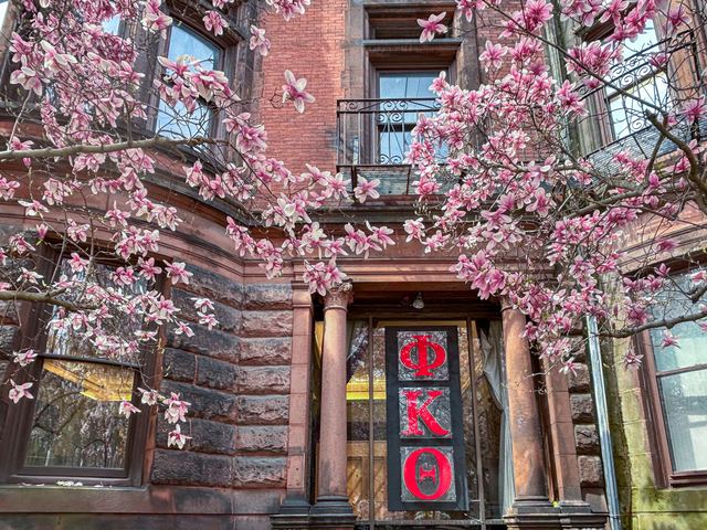 The Phi Kappa Theta house at 229 Commonwealth Avenue framed by spring blossoms
