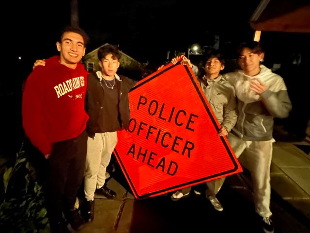 Brothers holding a road sign during a nighttime outing